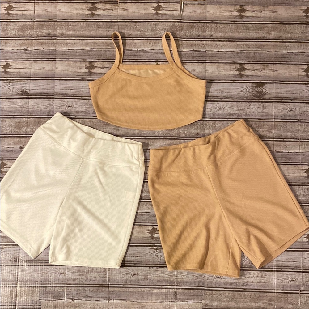 SHEIN Nude Waffle Cropped Top &  Nude + White High Waisted Shorts All 3 Size M